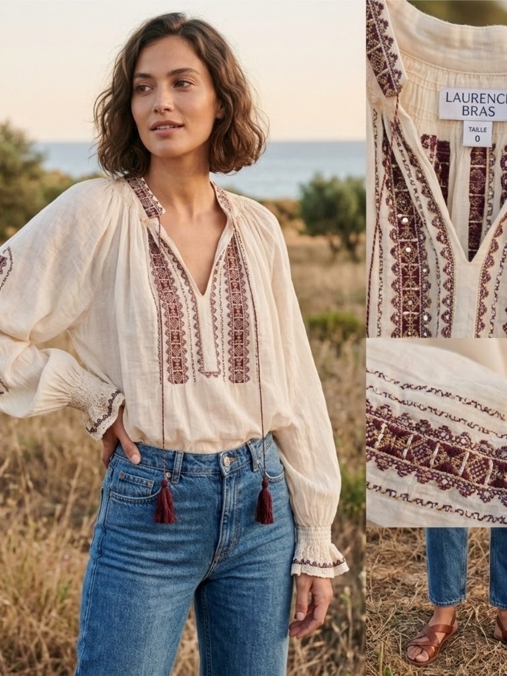Cream Embroidered Peasant Blouse By Laurence Bras Size 0 Equal Us 4 / Small